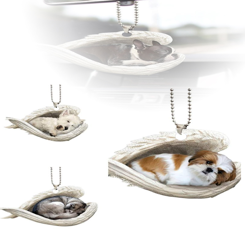 Car Accessories Mirror Hanging - Kreativer schlafender Engelsflügel-Welpen-Gedenkanhänger, 2D-Flach-Design, für den