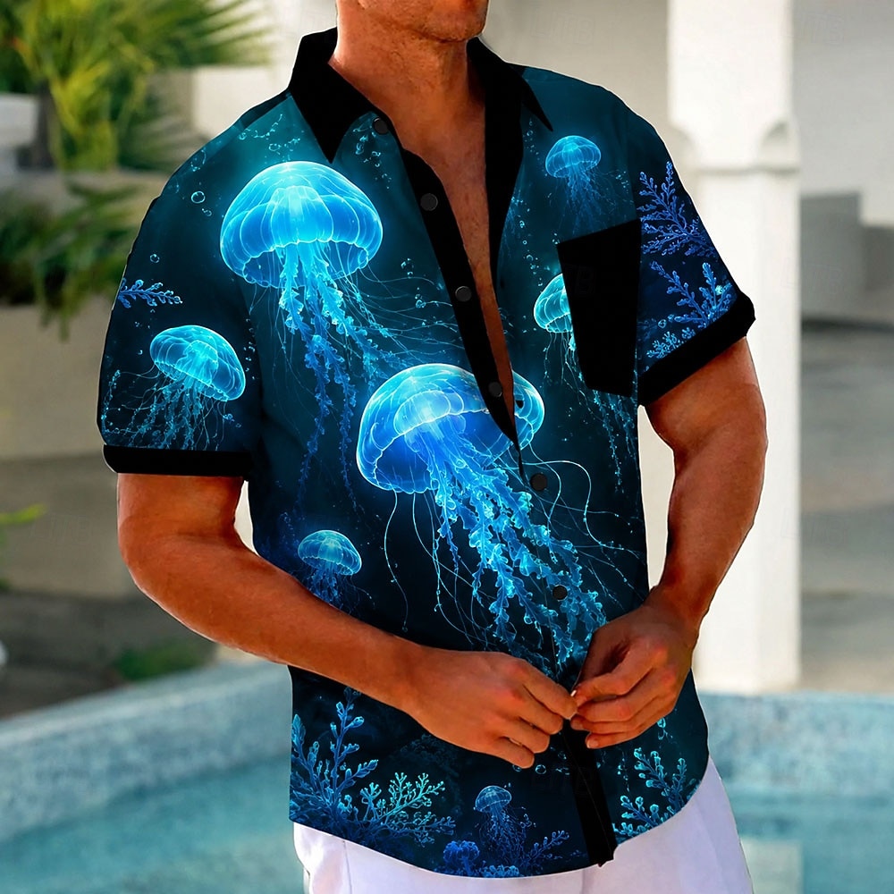 Car Accessories Bangkok - Herren Kurzarm-Hemd mit Umlegekragen, 3D-Quallen-Meereskreaturen-Neon-Print, Hawaiianischer